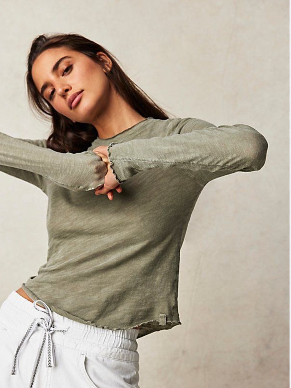 Free People Olive Distressed Green Long Sleeve Raw-Edge Top Womens Large